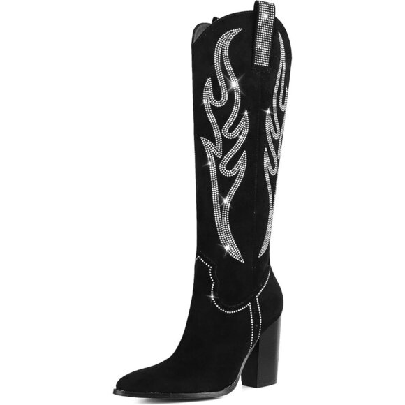 Shoes - Women Suede Black Rhinestones Embroidered Side Zip Pointed Toe Knee High Boots
